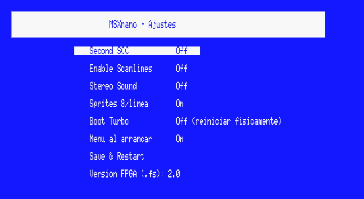Pantalla de Ajustes del MSXnano con la opcion Menu al arrancar activada y la version de FPGA 2.0