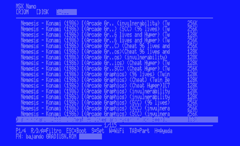 El menu del MSXnano descargando la ROM GRADIUSN.ROM de internet a la tarjeta SD