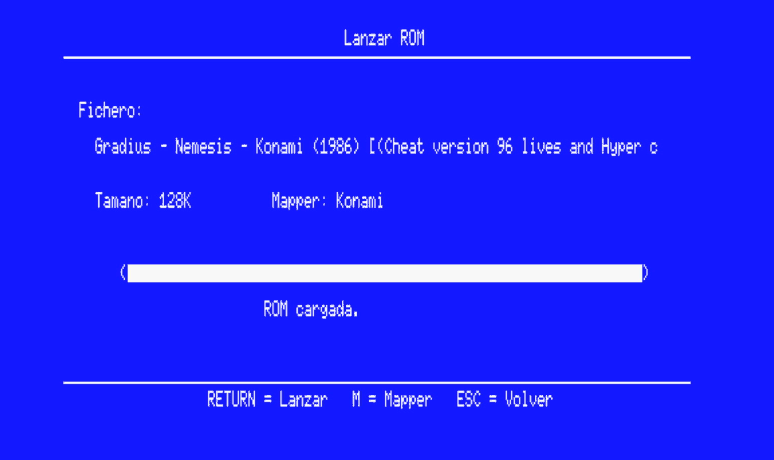Pantalla de lanzar ROM del MSXnano con el nombre del fichero, el tamano y el mapper detectado