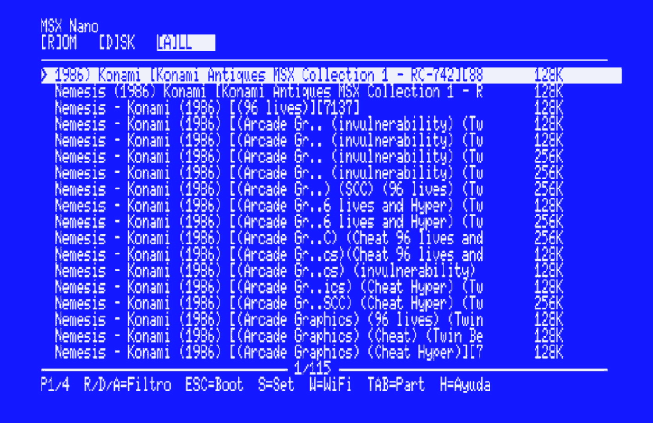 Navegador de la tarjeta SD del MSXnano con el filtro de tipo y la barra de teclas